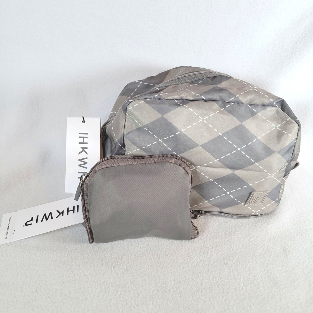 IHKWIP Women XL Packable Cosmetic Cases Argyle Zip Travel Nylon Grey Lightweight
